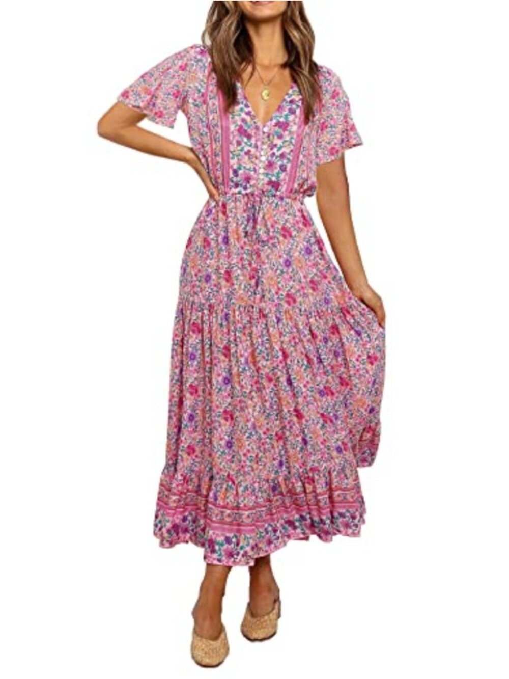 Boho Floral Midi Dress with V-Neck & Ruffle Hem, Short Sleeve